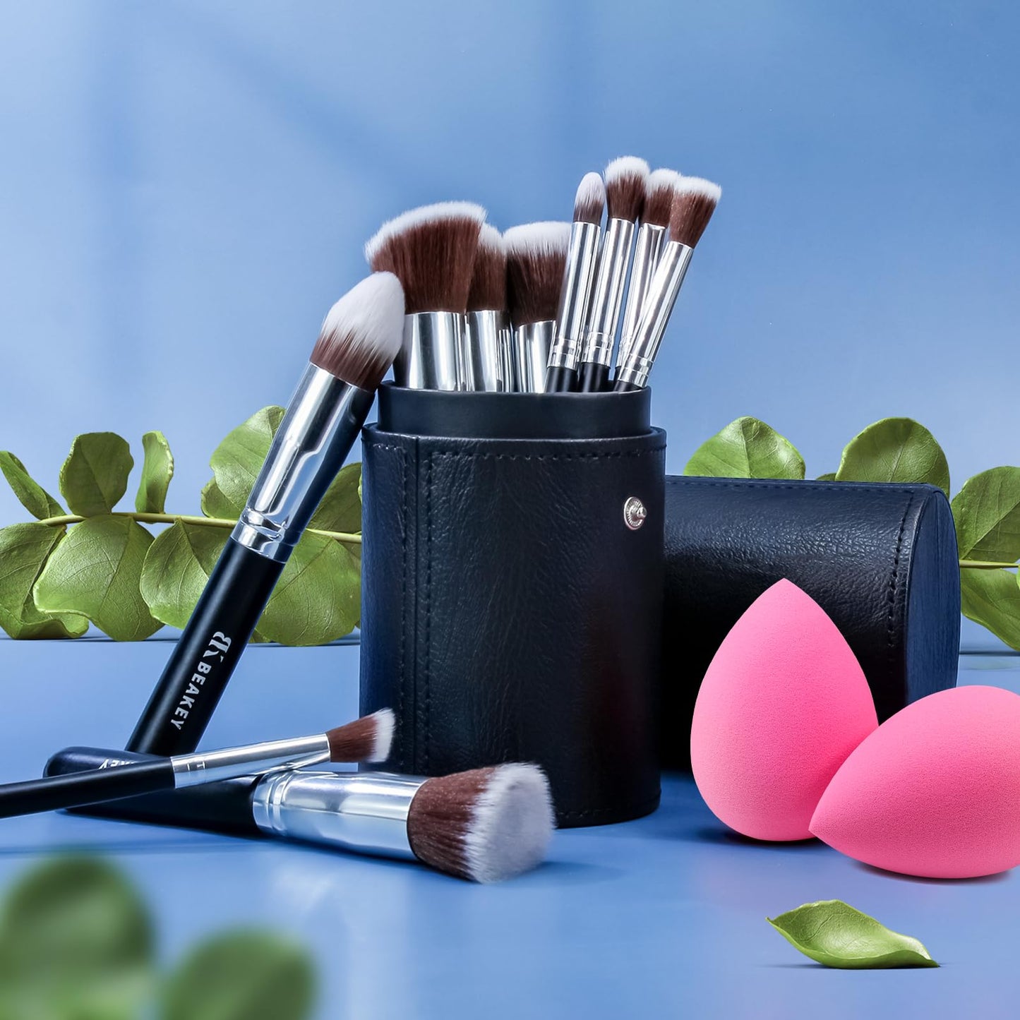 BEAKEY Makeup Brushes Set, Professional Foundation Eyeshadow Concealer Blush Powder Bronzer Applicator, 2 Blender Sponge with Beauty Paper Case