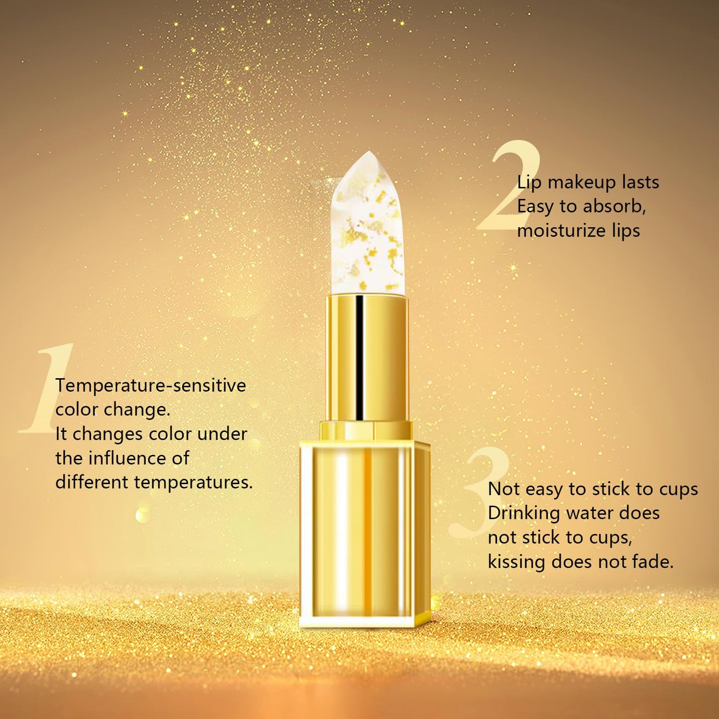 2Pcs Color Changing Lipstick, Gold Crystal Color Changing Lipstick, Long Lasting 24 Hours Moisturizing Glossy Shine Lip Gloss for Women (Gold)