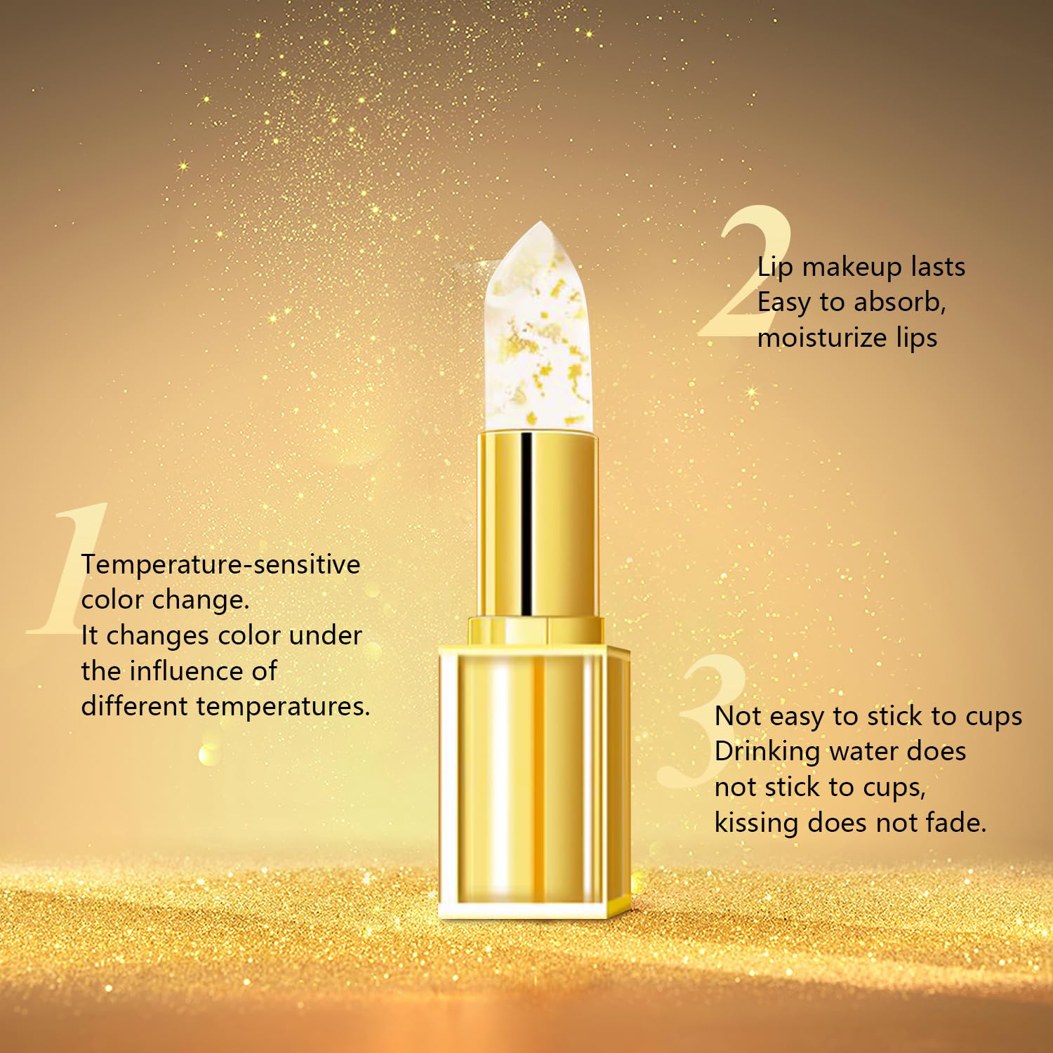 2Pcs Color Changing Lipstick, Gold Crystal Color Changing Lipstick, Long Lasting 24 Hours Moisturizing Glossy Shine Lip Gloss for Women (Gold)